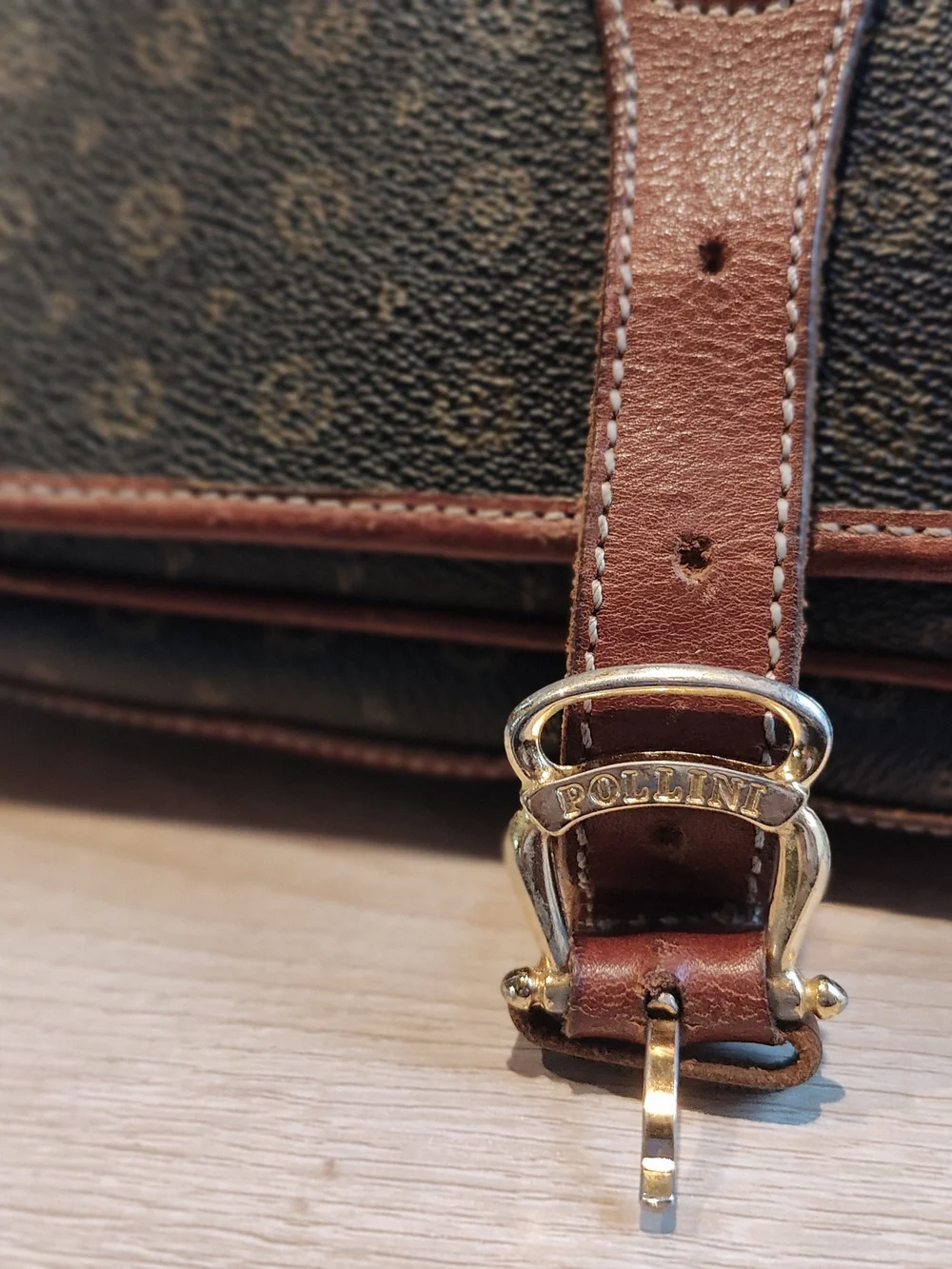 Pollini Brown Monogram Leather Crossbody Bag with Gold Hardware